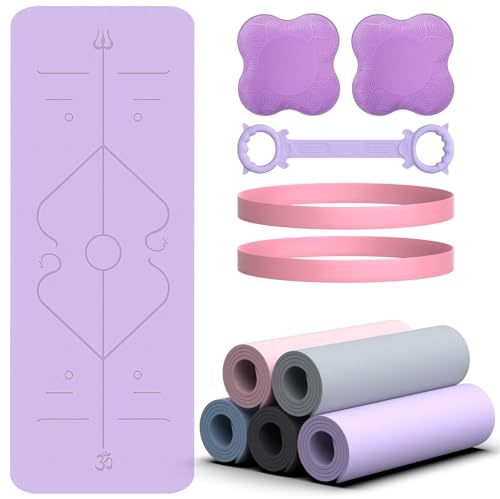 Soontrans Yoga Matte 183x68CM, Yogamatte Rutschfest 8 mm Dicke, TPE, Gymnastikmatte mit Widerstandsbänder, Kniekissen, Expander, Sportmatte Fitnessmatte Trainingsmatte Pilates Matte (Violett)