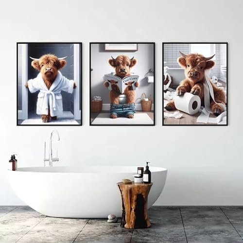 Xiyocadt 3er Highland Cow Badezimmer Bilder Poster Set Lustige Badezimmer Bild Niedliche Tiere Bad Bilder Leinwandbild FüR Privat Und Gewerblich Ungerahmt Bild (21x30cm,farbe)