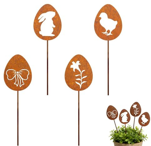 Hedremy 4er Edelrost Oster Eier Gartenstecker Deko Rost, Ostereier Gartendeko Rost Baumstecker, Rostdeko mit Metallstab für Draußen, Frühlingsdeko Draußen, geeignet für Garten, Balkon und Terrasse