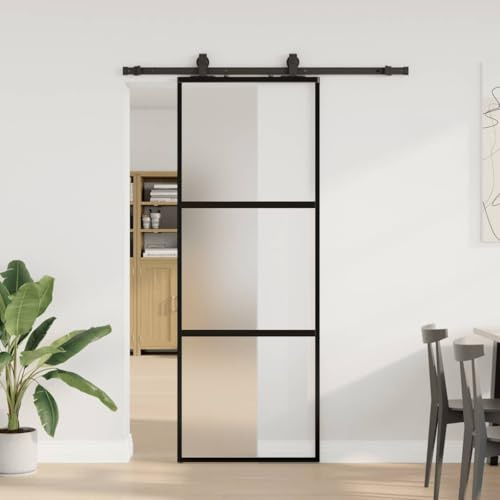 ACAGALA Glasschiebetür Komplettset 76x205 cm, Schiebetürsystem Inkl. Schiebetürbeschlag, Zimmertüren Schiebetür aus Hartglas, Gleitschiene 152,5, Schwarz und matt