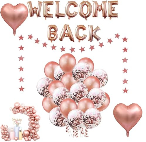 Palloncini di Benvenuto a Casa 16 - 11 Lettere in Oro Rosa, 2 Palloncini a Stella, 1 Ghirlanda a Bandiera, 20 Palloncini e Raccordo, Perfetti per Decorazioni di Festa di Benvenuto