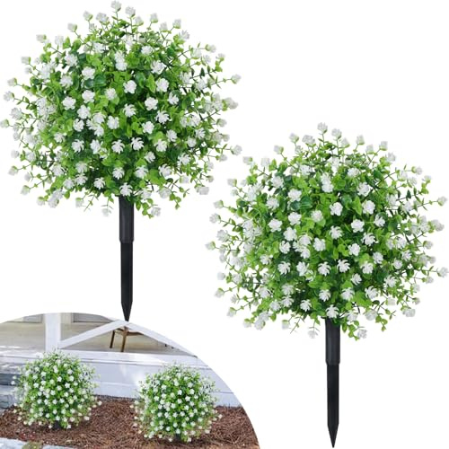 2Pcs Artificial Boxwood Topiary Balls Trees with Ground Spike 21.6inch Artificial Ball Plants Trees Outdoor UV Resistant Fake Plants White Plastic Flowers Faux Bushes Tree for Garden Porch Home Decor