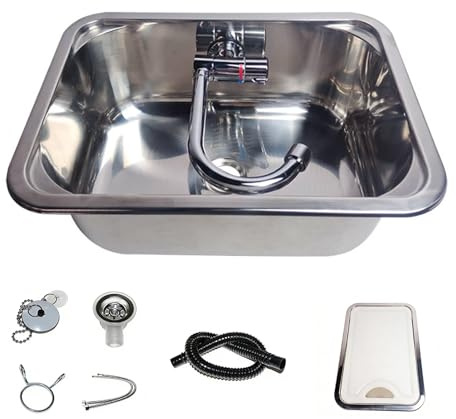 Fregadero Camper con Tapa, Fregadero Portatil Camping con Grifo Plegable, Lavabo Caravana de Acero Inoxidable 304, Fregaderos de Cocina, Ideal para Caravanas, Autocaravanas