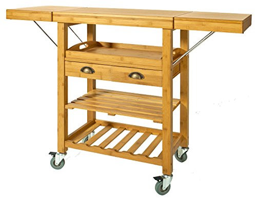 SoBuy Desserte de Cuisine sur roulettes en Bambou – Meuble Cuisine Compact avec Plateau Rabattable Table d’Ombre avec Tiroirs et Étagères Ouvertes, Design Industriel 135x92x37cm FKW25-N