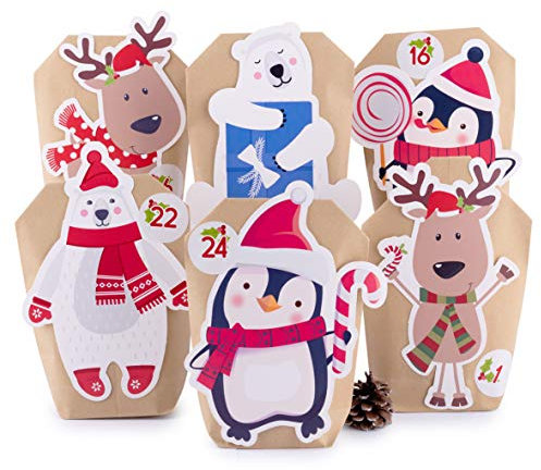 pajoma® Adventskalender zum Befüllen Tiere – 24 braune Kraftpapiertüten mit Sticker & Accessoires – DIY Weihnachtskalender Bastelset für Kinder & Erwachsene