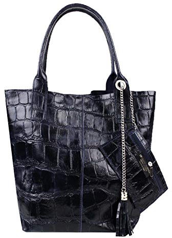 Made IN Italy Damen XXL Leder Tasche Wildleder Shopper Schultertasche + Schmucktasche (Dunkelblau Kroko)