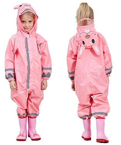 JinBei Raincoat Girls Hooded Puddle Suit Lightweight Pink Rabbit Poncho Kids Rainwear Muddy Suit Portable All in One Waterproof Rainsuit Breathable PVC Transparent Hat Brim Zipper 3-5 Years