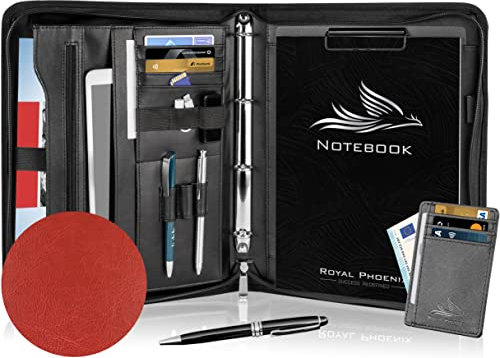 Royal Phoenix® Business Schreibmappe A4 'Hawk' - Hochwertige Ringbuchmappe mit Reißverschluss - inkl. Kreditkartenetui + weiteren EXTRAS - Arbeitsmappe aus hochwertigem Kunstleder in Rubinrot