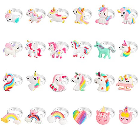 Hifot 24 Pièces Licorne Bagues Enfants Fille, Réglables Bague Princesse Bijoux Kit Pretend Play Dress up Rings Cadeau pour Petite Fille