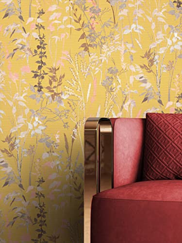 NEWROOM Tapete Gelb Vliestapete Blumen - Blumentapete Floral Beige Koralle Blätter Zweige Romantisch inkl. Tapezier-Ratgeber