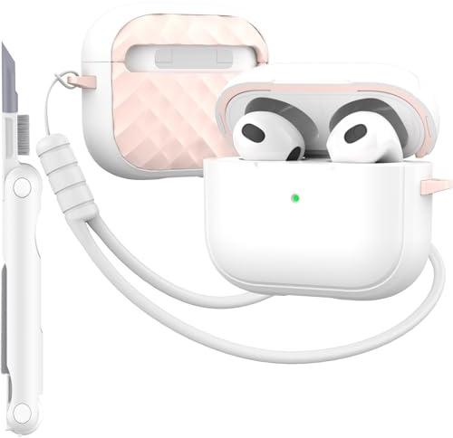 MHYALUDO-Hülle kompatibel mit AirPods 3 Generation mit Reinigungsset, vollständiger Fallschutz mit Trageband, Farbe,Jugendliches Macaron, kompatibel mit Airpods 3-Ladehülle, Weiß/Pink