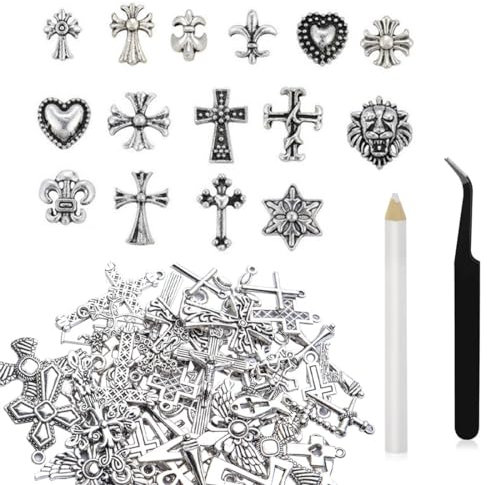 MQLSAERI 75 Stück 3D-Nagel-Charms, verchromtes Metall, Kreuz, silberner Nail-Art-Charm mit Gothic-Retro-Punk-Herzen und Totenköpfen, Maniküre, Nail-Art-Dekorationen