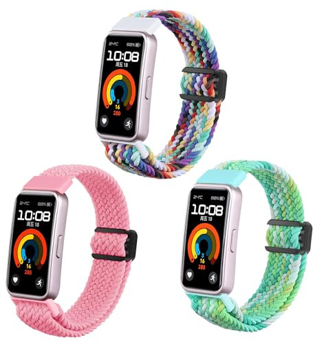 SMYAOSI Cinturino Compatibili con Huawei Band 9/ Huawei Band 8 Smart Watch, Cinturino in Elastici Nylon Solo Loop Magnetico Cinturinio per Huawei Band 9/ Huawei Band 8 (Arcobaleno+Rosa+Verde)