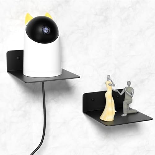 Wisfame Etagere Murale Noir en Metal Lot de 2, 12.5cm Petite Étagères Murales avec Trous de Câble, Mini Étagère Murale sans Percage pour Salon,Chambre, Salle de Bain,Cuisine etc