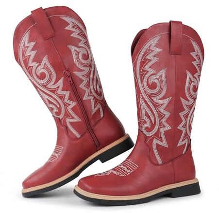 Hawkwell Damen-Cowboystiefel mit quadratischer Zehenpartie, seitlichem Reißverschluss, bestickt, niedriger Absatz, Westernstiefel mit mittlerer Wadenhöhe