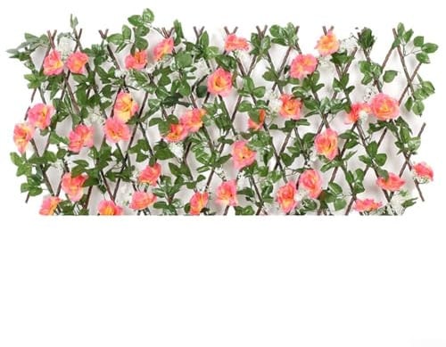 Jonikuper Erweiterbarer Holzzaun, künstliches grünes Blattspalier mit Blumenblüten, Sichtschutz, Teleskop-Spalier für Balkon, Terrasse, Outdoor-Dekoration, verstellbare Höhe (Dunkelrosa)