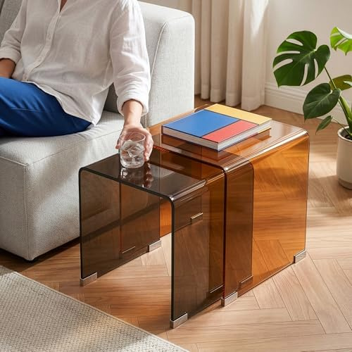[en.casa] Satztisch-Set Kariengem Braun 2er Set Couchtisch aus gehärtetes Glas Beistelltisch Sofatisch Wohnzimmer
