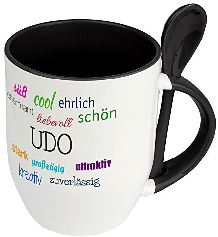 Löffeltasse mit Namen Udo - Positive Eigenschaften von Udo - Namenstasse, Kaffeebecher, Mug, Becher, Kaffeetasse - Farbe Schwarz