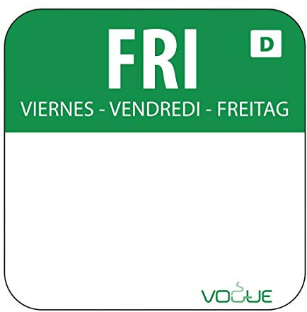 Vogue Dissolvable Food Rotation Label Friday - (Roll 1000) | Dissolves completely in water during washing to eliminate sticky residue and protect plumbing in busy commercial kitchens.