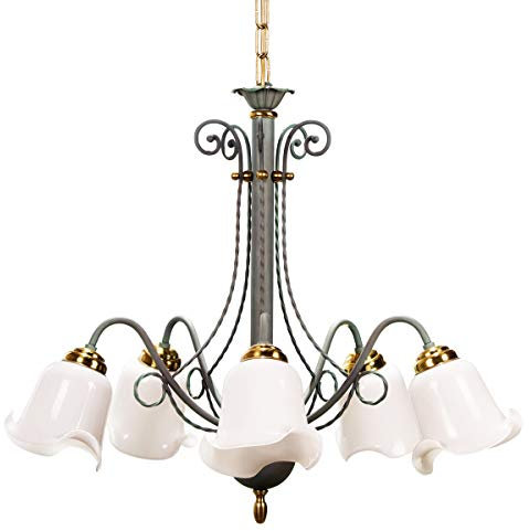 Helios Leuchten 244022 klassische Deckenleuchte | Pendelleuchte grün | Pendellampe echt Messing | Lampe Leuchte Jugendstil | Hängelampe 5 x E27