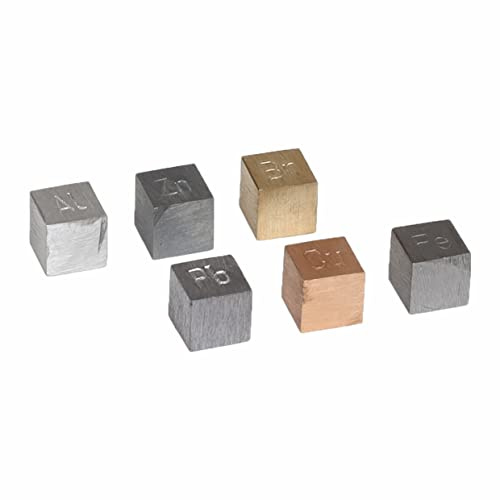 Density Cubes, Set of 6 Metals, 0.4 (10mm) sides - Brass, Lead, Iron, Copper, Aluminum, Zinc - For use with Density, Specific Gravity Activities - Eisco Labs
