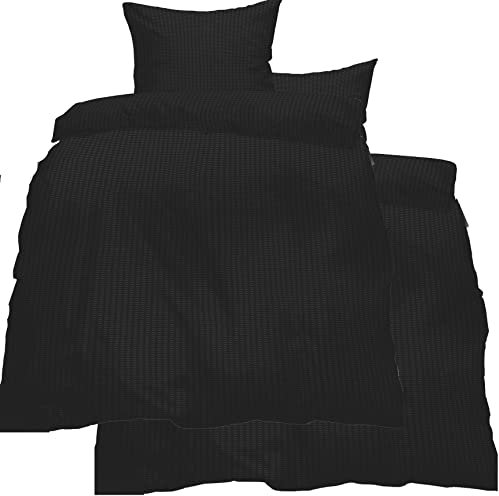 KH-Haushaltshandel 4-TLG. Seersucker Bettwäsche 2X 135x200 +80x80cm, schwarz, Uni einfarbig, bügelfrei, Microfaser (60287)