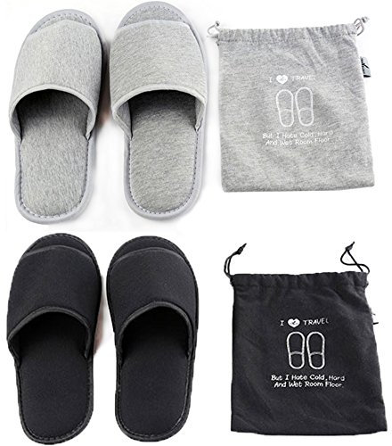 Qchomee 2 Pair Portable Travel Slippers - Open Toe Sandals - Spa Hotel Slippers for Guest Room, Indoor House, Business & Flight - Black Grey 7 UK