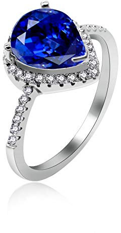 Uloveido Unique Sterling Silber Solitaire Ringe, Birnenform Navy Blue Cubic Zirocnia Halo Ringe für Frauen Freundin (Blau, Größe 54 (17.2))