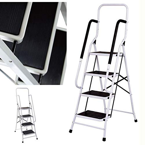 Escabeau à 4 marches avec rampe de sécurité en acier robuste, pliable, léger, portable avec tapis antidérapant, capacité de charge de 150 kg, pour la maison, la cuisine, le jardin, le bureau