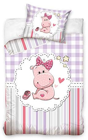 Carbotex Linge de Lit Bébé Bébé Hippo à Carreaux Rose 100x135 cm + 40x60 CM