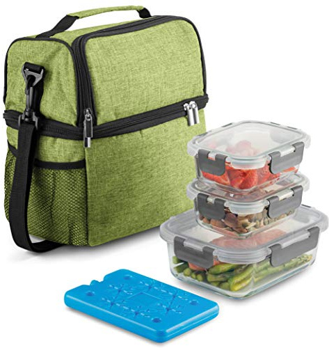Sac à déjeuner isotherme à 2 compartiments avec sac à glace et récipient alimentaire en verre, bandoulière pour homme et femme 600D Oxford étanche à l'eau et isotherme réutilisable pour le travail,