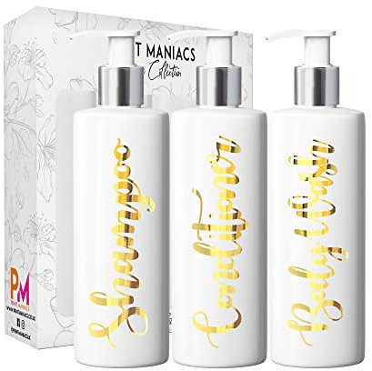 Print Maniacs 3 Set Mrs Hinch Inspired White Personalised Dispenser Pump Bottles Shampoo Conditioner Body Wash (Gold)