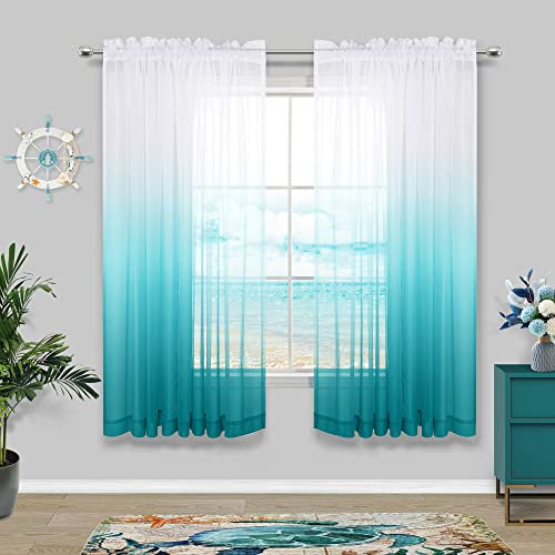 KOUFALL Küchenvorhänge, Türkis und Weiß, durchscheinend, Ombré-Kurz, Badezimmervorhänge, Fenster für kleine Schlafzimmer, 106 x 114 cm Länge