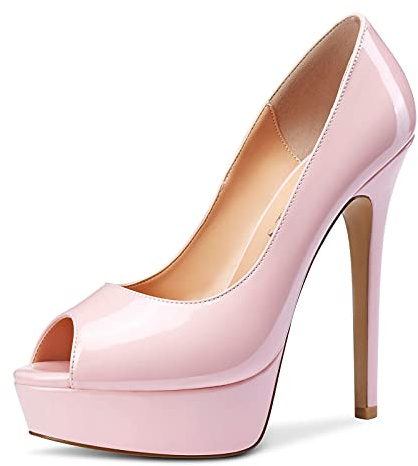 NobleOnly Femme Plateforme Bout Ouvert Doublure en Cuir Escarpins Aiguille Talons 13CM High Heels Rose Vernis Chaussures EU36