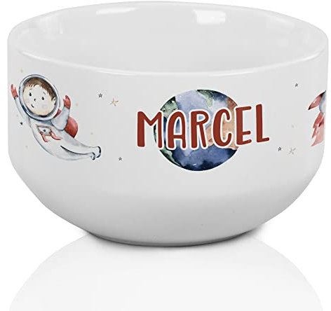 GRAZDesign Müslischale personalisiert mit Name, Kinder Schüssel als Geschenk für Mädchen und Jungen, spülmaschinengeeignet, Frühstücksschüssel Motiv Astronaut mit Planeten, Keramik