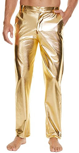 Mens Metallic Shiny Disco Pants, Wet Look Party Dance Straight Leg Trousers, 70s/80s Festival Rave Cosplay Leather Pants, Gold, L
