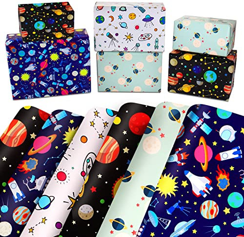 Bonkee Space Wrapping Paper Birthday Gift Wrapping Paper Sheets for Boys Kids Children with Blue White Navy with Galaxy Spaceship Design,Birthday Gift Wrap Set Present Wrap