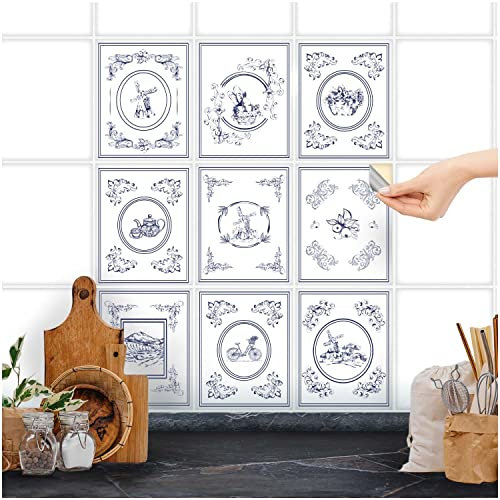 FoLIESEN Fliesenaufkleber für Bad, Küche, Badezimmer - Fliesen-Folie selbstklebend - Deko-Aufkleber - Delfter Kacheln, .:20x25 cm - 9-tlg.