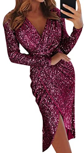 ORANDESIGNE Robe De Soirée Femme Chic Et Glamour Mi Longue Crayon Élégante Robe Brillante Paillette Disco Casual Robe De Cérémonie Cocktail Bal Fete Clubbing Moulant A Violet XXL