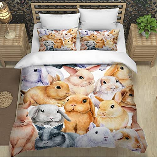 XPINGO Kinder Bettwäsche Hase 135x200 cm 2teilig Jungen und Mädchen 100% Mikrofaser Sommer Weiche Winter Warm Bettbezüge 3D Tiere Aquarell Bettbezug mit Kissenbezüge 80x80 cm