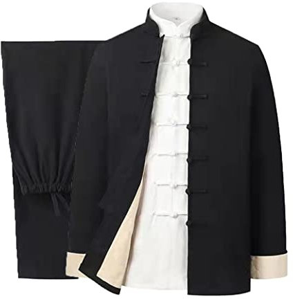 Baumwolle Leinen Tai Chi Uniform Set Tang Anzug Chinesische Traditionelle Kleidung Herren Kampfkunst Kleidung Atmungsaktiv Langarm Mantel Tops Hose, Kung Fu Uniform Zen Meditati, Schwarz , XL/XXL