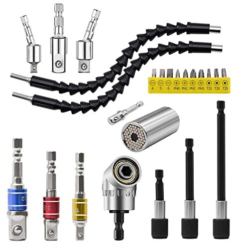 Juego de extensión de brocas flexibles y herramienta de enchufe universal, 2 extensiones de brocas flexibles, 3 soportes de broca, 3 adaptadores giratorios de 360°, taladro de ángulo recto de 105°