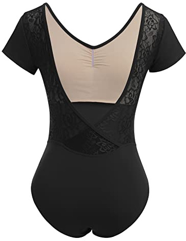 AFAVOM Tanztrikot für Damen, kurzärmelig, Spitze, Balletttrikot, Netzstoff, Spitze, V-Ausschnitt, rückenfrei, Bodysuit, Gymnastik, Gymnastikanzug, Schwarz, Small