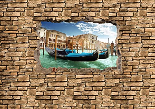 wandmotiv24 Fototapete 3D Gondeln Venedig - Steinmauer, 400 x 280 cm - selbstklebende Strukturtapete, Wanddeko, Wandbild, Wandtapete, 3D-Optik, Wandbruch, Italien M0655