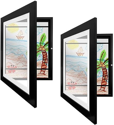 SicaHomy Bilderrahmen Kinderzeichnungen, Bilderrahmen Für Kinderzeichnungen A4, Klappbarer Aufklappbarer Kunst Kinder Rahmen, Befüllbarer Kunstfotorahmen Frontöffnung Wechseln (2 Stück Schwarz)