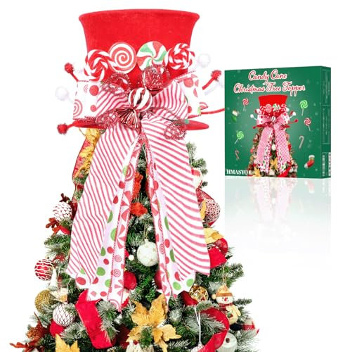 HMASYO Zuckerstangen Weihnachtsbaumspitze Hut – roter Zylinder mit großen Süßigkeitenschleifen Weihnachtsbaumspitze Dekorationen Ornamente für Zuhause Party Dekor