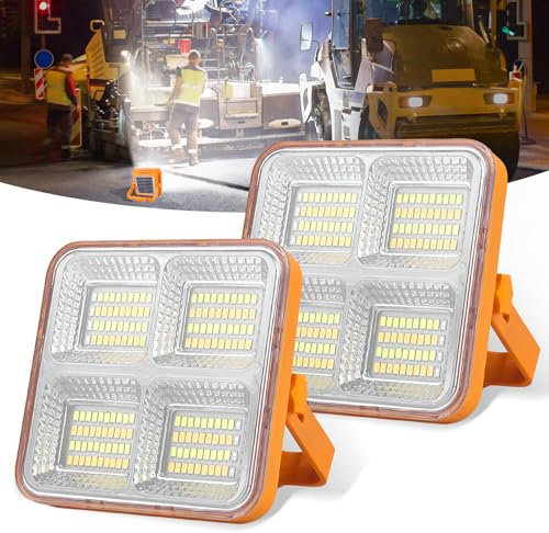 T-SUN 2 Stück LED Strahler Akku, 60W Baustellenlampe Campinglampe Tragbar, 5 Lichtmodi Led Arbeitsleuchte, Solar Baustrahler mit Magnet und Powerbank, Notfallleuchte für Stromausfällen, Autoreparatur