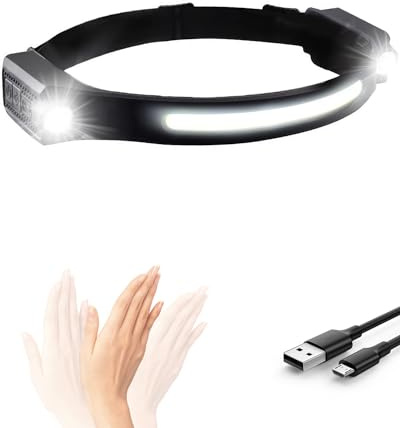 humpun LED Head Torch Rechargeable, 1200LM LED Headband Torch, 2 Spot Light, 12 Hours Runtime 5 Lighting Modes, Lightweight Headlight with Motion Sensor, IPX4 Waterproof for Running(Black, 1 Pack)