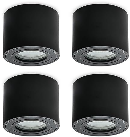KYOTECH LED Aufbauspot flach IP44 Schwarz Aufputz Deckenleuchte Ø80x65mm für LED Module 230V Aufbauleuchte Downlight Runde Wasserschutz für Bad & Außen 4 Stück ohne Leuchtmittel