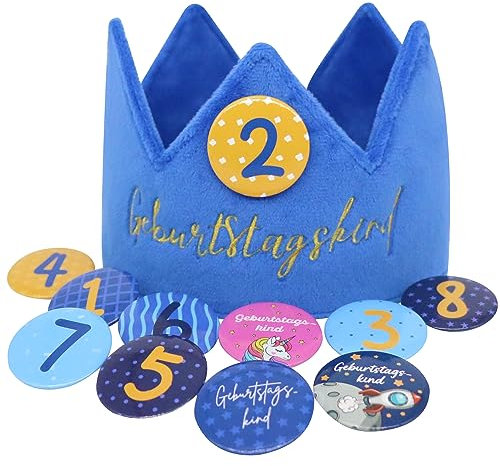 Sugeru Geburtstagskrone Samt mit 11 Buttons Zahlen von 1-8 für kinder mädchen junge | krone geburtstag | kindergeburtstag Party deko | partyhüte | Rekordwachstum der Kinder | Wiederverwendbare (Blau)